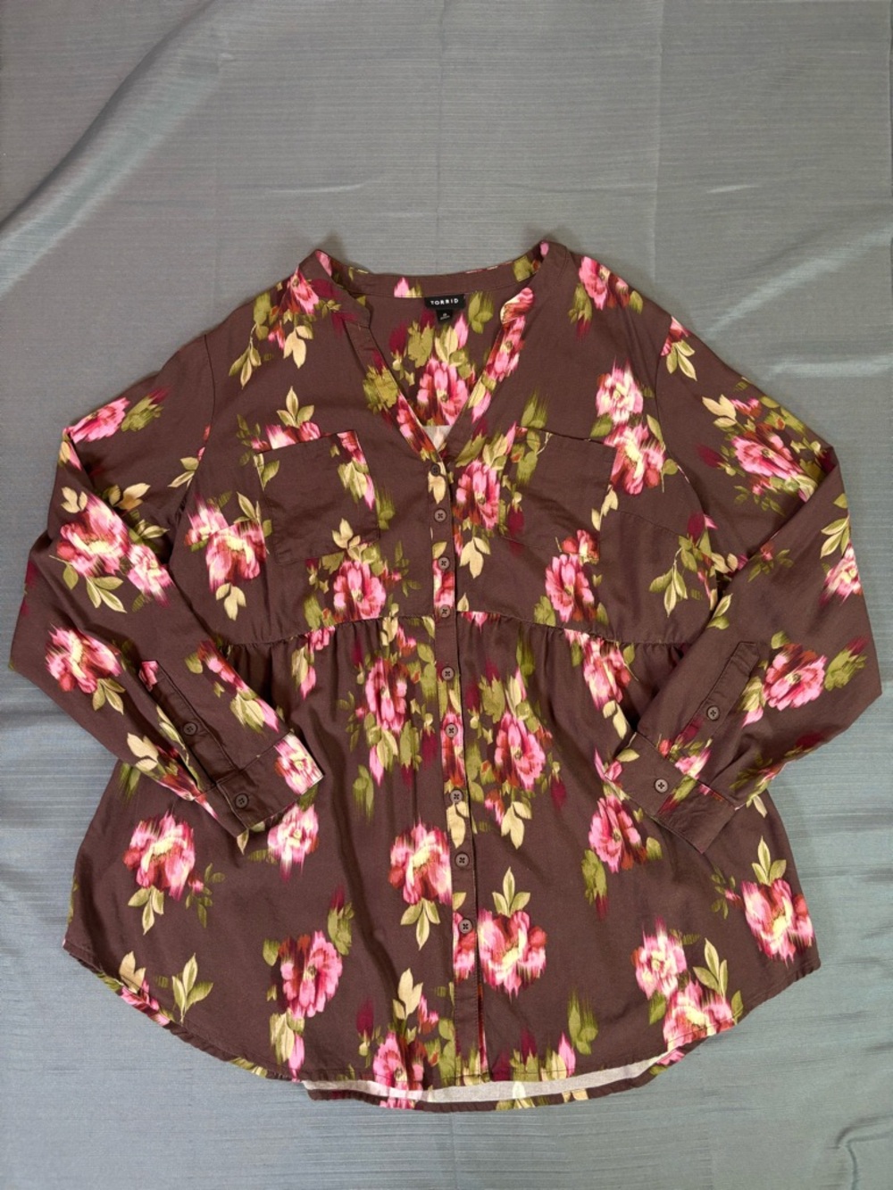 Torrid Floral Blouse Size 0 Brown Pink Flowy Babydoll Button Front Top